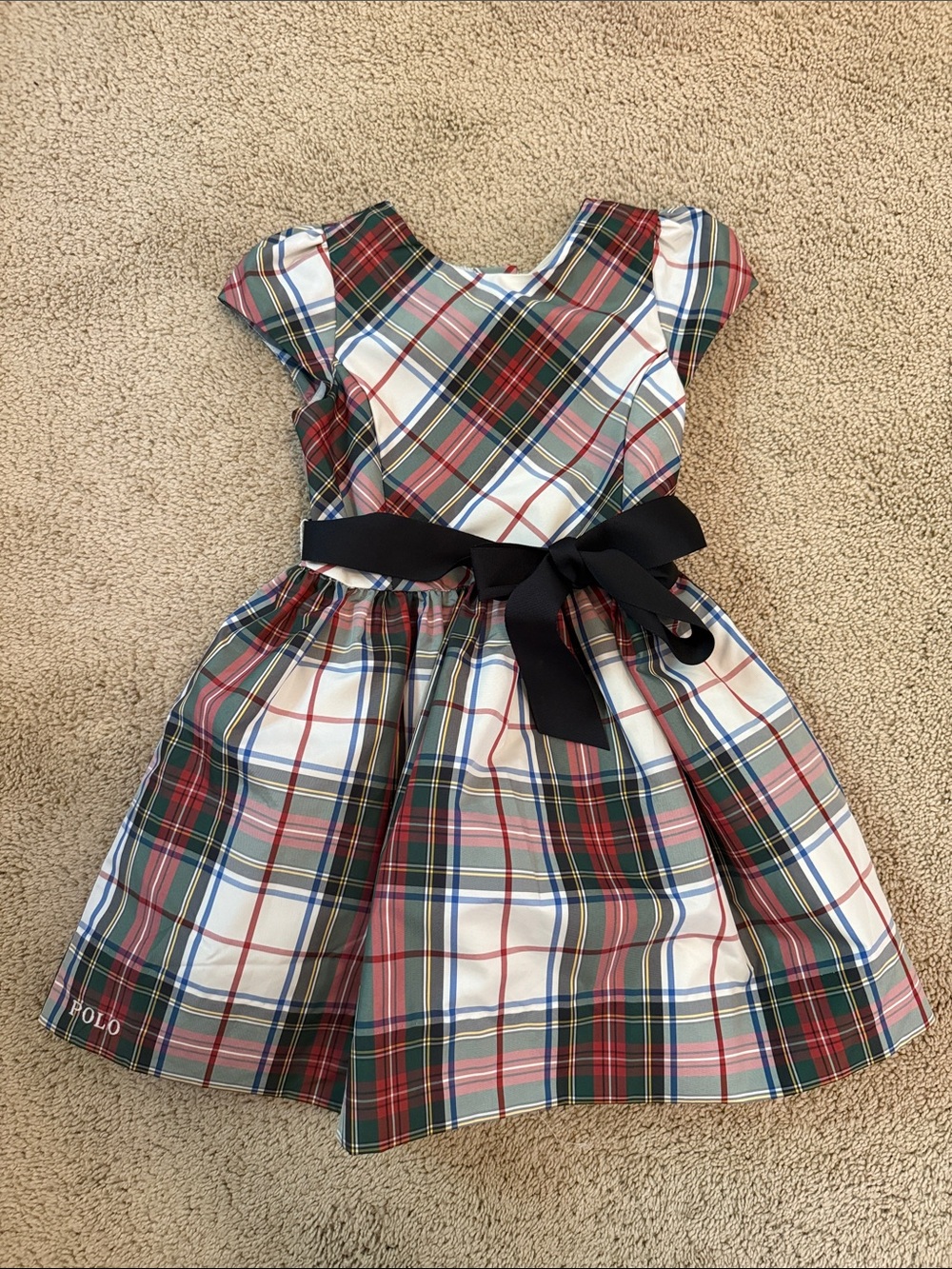 Polo by Ralph Lauren Red Green Navy Plaid Dress with Black Bow 4T